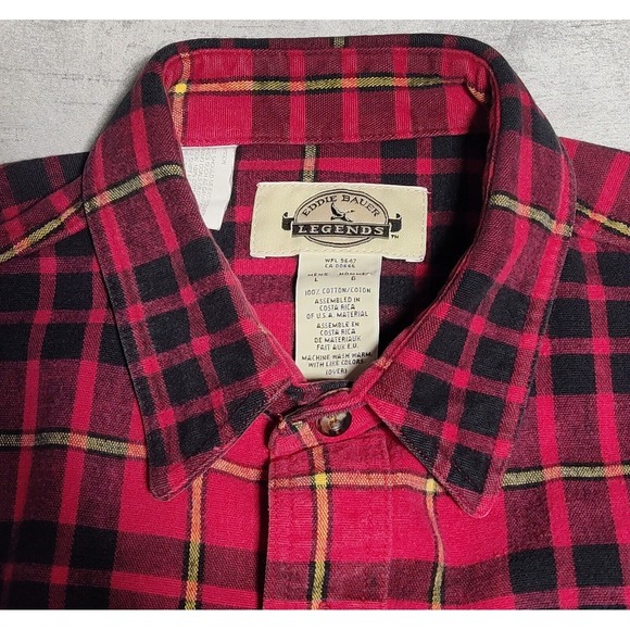 VTG EDDIE BAUER LEGENDS Men Large Red Black Plaid Cotton Button Outdoor Shirt - Picture 3 of 16